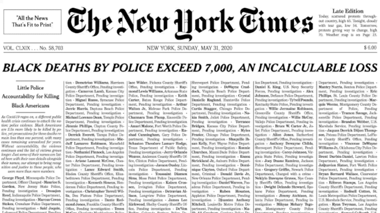 'The New York Times,' made over to memorialize Black lives lost to pol