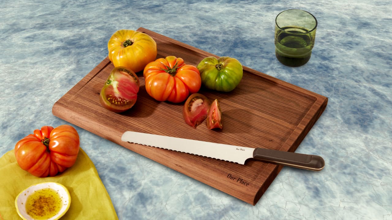 Our Place's knife set and cutting board are gorgeous kitchen staples