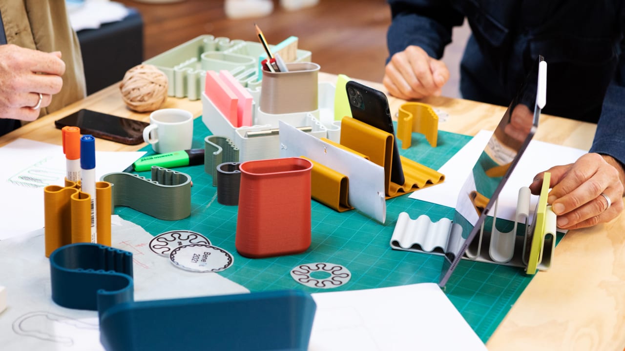 These playful desk accessories were 3D-printed using recycled food pac