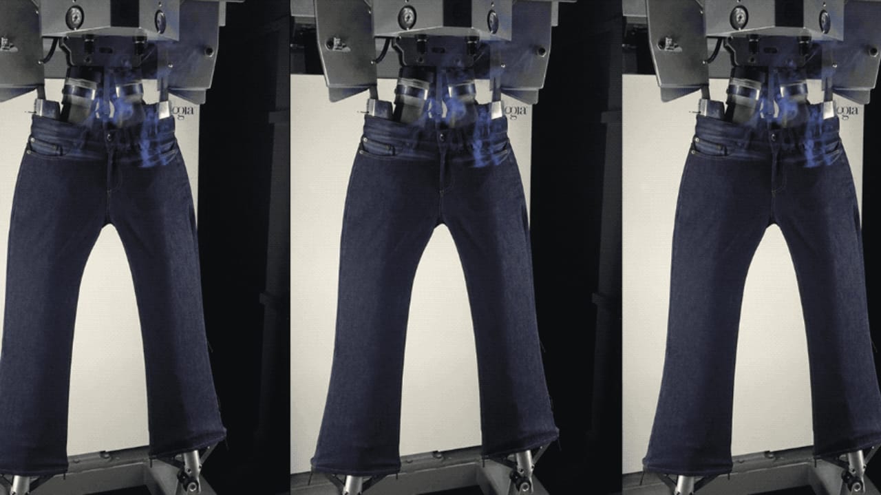Uniqlo uses lasers to make distressed denim jeans to cut water consumption  - YouTube