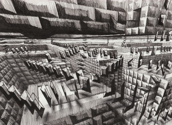 A Painter Whose Canvases Combine Minecraft, Q-Bert, And M 