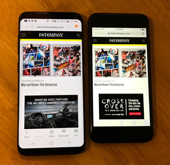 The Galaxy S8 (left) packs a much bigger screen into a phone that's noticeably taller than the iPhone 7.