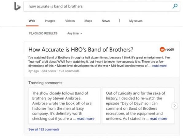 Bing results with Reddit