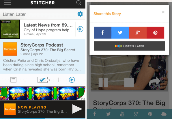 stitcher listen later offline