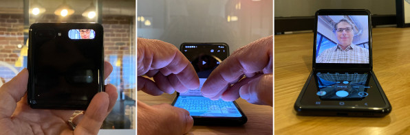 From left: a selfie with the Flip's tiny exterior screen, me trying to type laptop style, and the folded-up Flip serving as a video phone.