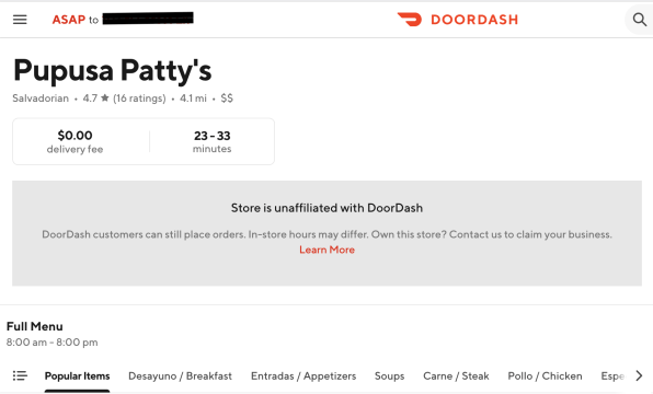 Restaurant not affiliated with DoorDash