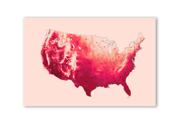 A map of the united states, with southern and coastal regions generally shaded darker red than mountain and northern regions.