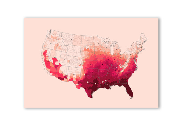 아메리카 합중국의 카운티 당지도. 내륙의 캘리포니아 주와 남부 카운티는 북부 및 중서부 카운티보다 어두운 빨간색으로 음영 처리됩니다. 걸프를 따라 카운티는 특히 어두운 빨강입니다.