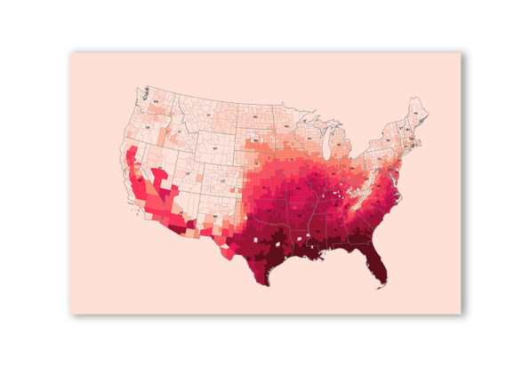 A county-by-county map of the united states, with inland california and southern counties shaded darker red than northern and midwestern counties. The counties along the gulf coast are particularly dark red.