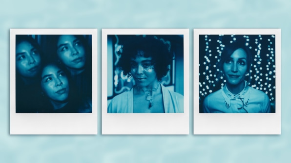 Three photos taken with Polaroid's new blue film: A picture of a woman's face on a black background, with the face replicated three times; a woman facing the camera smiling against a wall; and another woman with short hair against a white dotted background