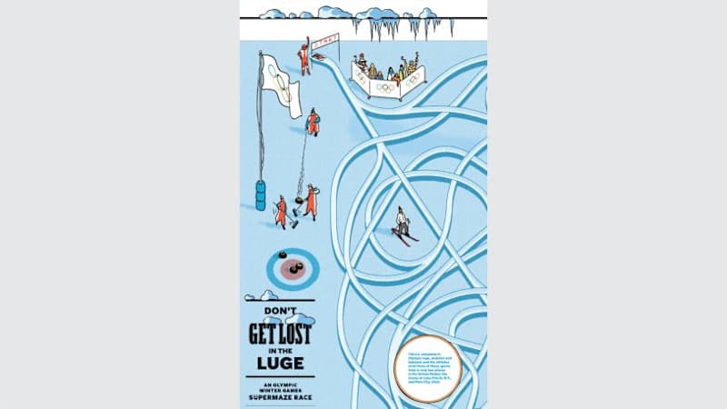 A sneak peek at the giant center spread, Winter Olympics-inspired luge maze from the January 28th Kids section. [Image: courtesy The New York Times]