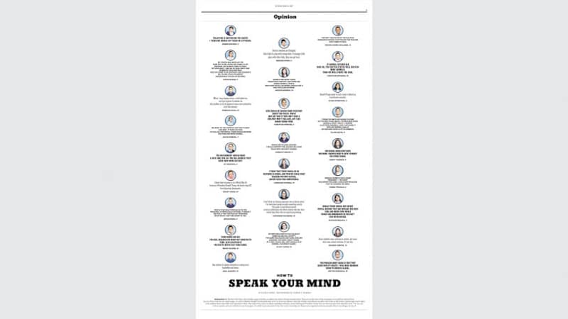 Opinion page, from the first issue. [Image: courtesy The New York Times]